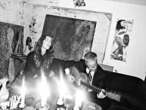 Artist Kiddeaux (Left) accompanied by Roger Greenawalt (Right) in the basement of Shabby Road Studio. Photo courtesy of maneatingseas.com 